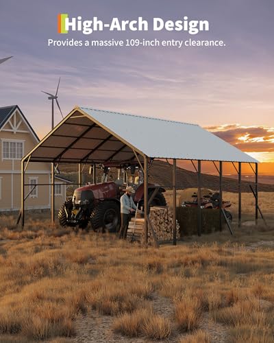 Image of GarveeLife 20x25 ft Vertical Roof Metal Carport, Heavy-Duty 2 Cars Car Port | 173 inch High-Clearance / 120 Steep-Pitch Roof for Snow Shedding / for RVs & Tractors / Reinforced Frame for All Weather