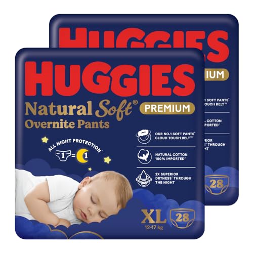 Image of Huggies Natural Soft Overnite Diaper Pants| Premium Pant Style Baby Diapers Medium Size (XL Size | 12-17 Kgs), 28 count| Keeps baby dry all night with cloud softness all over (Pack of 2)