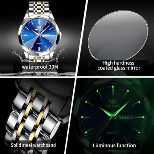 Image of OLEVS Watches for Men Business Dress Diamond Analog Quartz Big Face Luxury Classic Stainless Steel Waterproof Luminous Two Tone Wristwatch