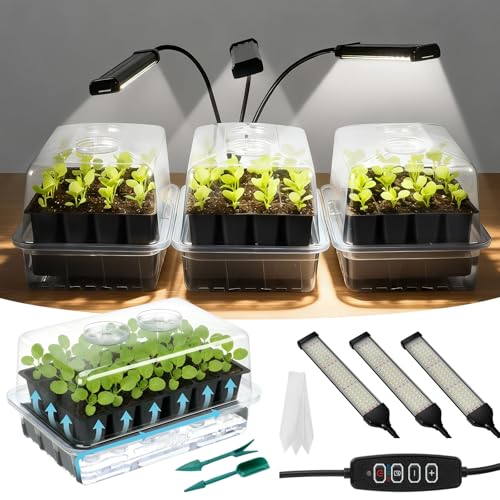 SOLIGT 72 Cell Self Watering Seed Starter Trays with Grow Light 3-Pack Seed Starter Kit with Humidity Domes Full Spectrum LED Seedling Light 8/12/18H Timer for Indoor Vegetable Flower Seed Starting