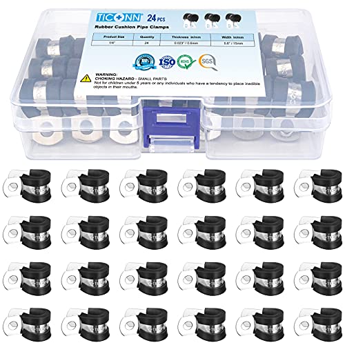 TICONN 24PCS 1/4 Cable Clamps - Rubber Cushioned 304 Stainless Steel Hose Clamps Loop Clamps Pipe Clamps (1/4 Inch)