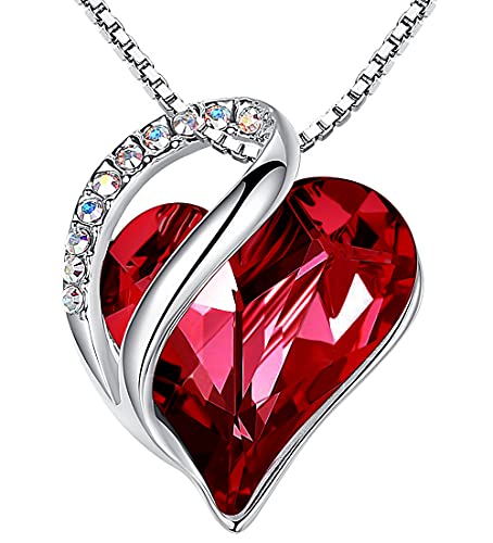 Leafael Infinity Love Heart Pendant Necklace with Siam Ruby Red Birthstone Crystal for January and July, Jewelry Gifts for Women, Silver-tone, 18