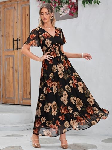 Image of Simplee Women's Boho Floral Maxi Dress Flowy Casual V Neck Short Sleeve Wedding Guest Holiday Beach Long Dress