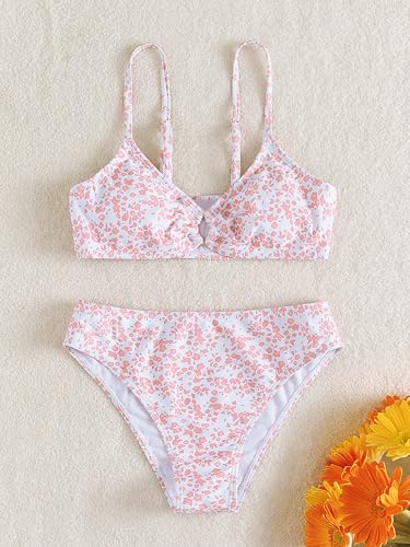 Image of QJQ Girl's 2 Piece Swimsuits Disty Floral Ring Linked Bathing Suit Cute Bikini Sets