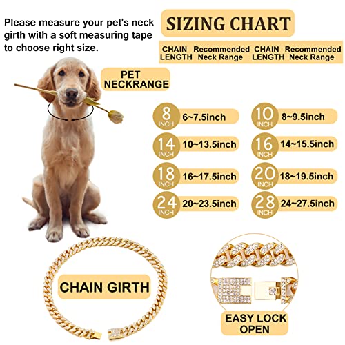 Cuban Link Dog Collar Gold Silver Color Metal Chain Diamond Pet Collars for Dogs Cats Jewelry 8/10/14/16/18/20/24/28 Inch (16inch, Gold) Cuban Link Dog Collar Gold Silver Color Metal Chain Diamond Pet Collars for Dogs Cats Jewelry 8/10/14/16/18/20/24/28 Inch (16inch, Gold)