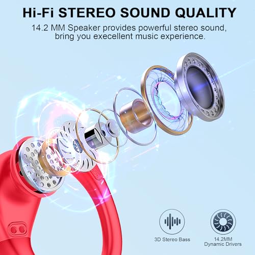 Image of Ltinist Wireless Earbuds, 75hrs Bluetooth 5.4 Headphone Sport, Bluetooth Earbuds Deep Bass Over Ear Buds with Earhooks, ENC Noise Cancelling Earphone Mic, IP7 Waterproof for Workout /Running /Gym Red