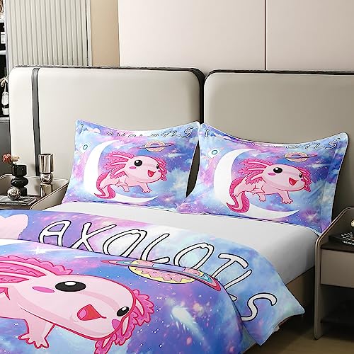 Kawaii Axolotl 100% Cotton Duvet Cover Cartoon Axolotl Pink Purple Galaxy Bedding 100% Cotton Set 3D Animals for Children Microfiber Salamander Duvet Set Room Decor Quilt Cover Single Zipper - Image 4