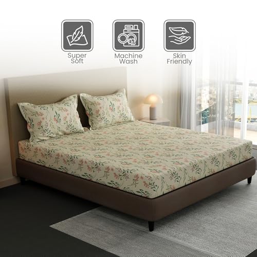 Image of Layers 100% Cotton Bedsheet for King Size Bed | Lumina Floret Collection | 144 TC Soft & Breathable | Floral Print with 2 Pillow Covers | Wrinkle Free & Colorfast | 3 Piece Bedding Set - Cream & Green