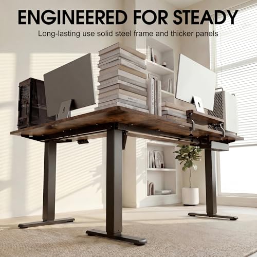Image of Furmax 63 x 47 Inch L Shaped Standing Desk with 2 Preset Heights, Electric Height Adjustable Computer Desk, Corner Sit Stand Desk for Home Office, 2 Hooks & Feet Balance (Rustic Brown, 63 x 47 Inch)