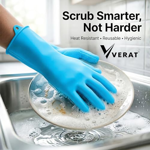 Image of Kitchen Dishwashing Gloves for Washing Dishes - Reusable Rubber /Silicone Cleaning Gloves for Kitchen, Bathroom & Car Cleaning - Waterproof Household Hand Gloves for Women, Home Essentials (Blue)