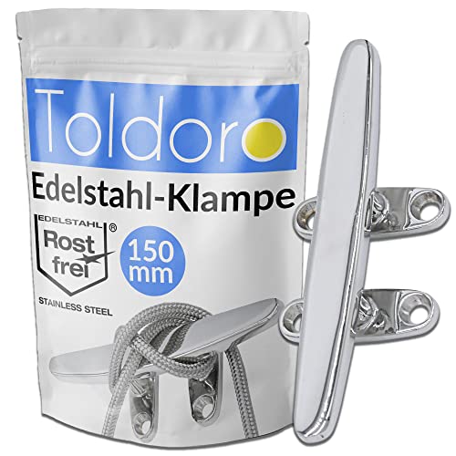 Toldoro® Klampe 150mm aus Edelstahl rostfrei V4A, 4 Bohrungen/Belegklampe, Bootsklampe mit elektropolierter Oberfläche/Festmacher für Sonnensegel oder als Boot Zubehör