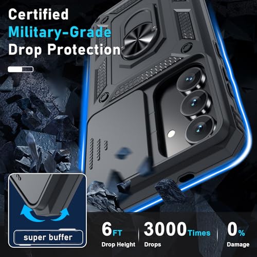 Image of Janmitta Compatible with Samsung Galaxy S25 FE Case Built in Slide Camera Lens Cover+Screen Protector+Finger Ring Holder Kickstand,Heavy Duty Shockproof Full Body Phone Cover,2025 Black