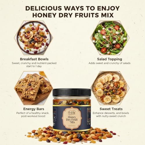 Image of LILA DRY FRUITS Honey Dry Fruits Mix 100 gms with Cashew Almond Pista Raisins Dates Walnuts Pumpkin & Sunflower Seeds | Sweet Honey Coated Nuts & Seeds Healthy Snack Combo Perfect for Gifting
