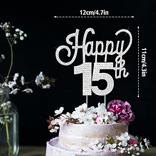 LINGTEER Happy 15th Birthday Silver Rhinestone Cake Topper - Cheers to 15th Birthday Fifteen Years Old Party Cake Centerpieces Topper Decorations Gift Sign. by LINGTEER - Used condition - Image 3