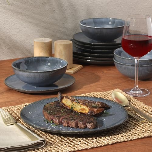 Image of Gibson Elite Sandy Pines Stoneware Plates and Bowls Set - 12 Piece Reactive Glaze Dinnerware Set - Service for 4 - Dishwasher and Microwave Safe - Blue