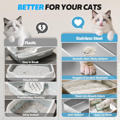 Image of WoofiGo Enclosed Stainless Steel Cat Litter Box with Lid, XL Extra Large Litter Box for Big Cats, Metal Litter Pan High Sided, Never Absorbs Odors, Anti-Urine Leakage, Include Scoop (Light Grey)