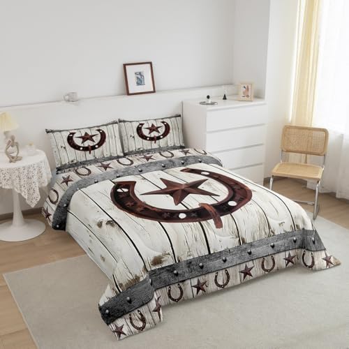 Image of Western Texas Star Comforter Set for Girls Boys Horseshoe Comforter Rustic Wood Grain DecorBedding Set Cabin Lodge Duvet Set Full Size 3Pcs Quilt Boys