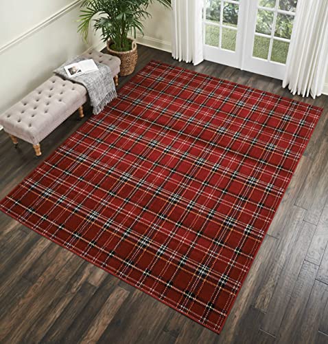 Nourison Grafix Red 7'10'' x 9'10'' Area-Rug, Modern, Plaid, Bed Room, Living Room, Dining Room, Kitchen, Easy-Cleaning, Non Shedding, (8' x 10')