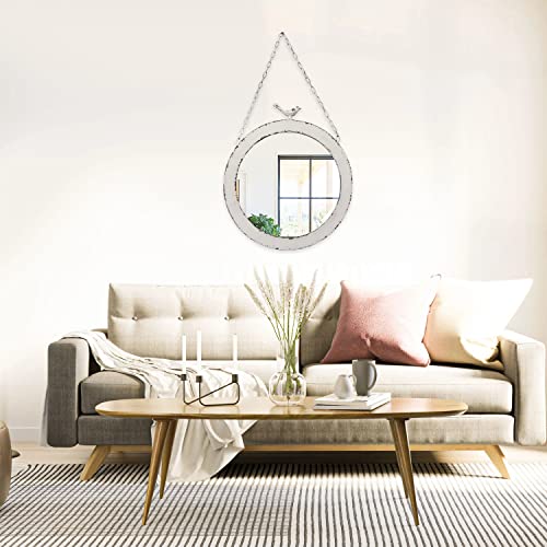 Vintage Large Round Mirrors For Wall Decor 19", Rustic Distressed White Hanging Mirror With Bird And Iron Chain, Farmhouse Metal Circle Wall Mirrors Decorative For Living Room Vanity Bedroom Entryway #TOP4