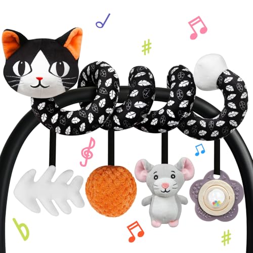 Image of Car Seat Toys for Babies 0-6 Months,Hanging Rattle Toys for Crib Mobile, Baby Spiral Hanging Stroller Black and White High Contrast Toys for Newborn 0 3 6 9 12 Months Baby Boys Girls (Cat)