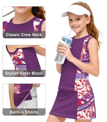 Image of AOBUTE Girls Tennis Golf Outfit Tank Top and Skirt with Shorts Set 4-12 Years