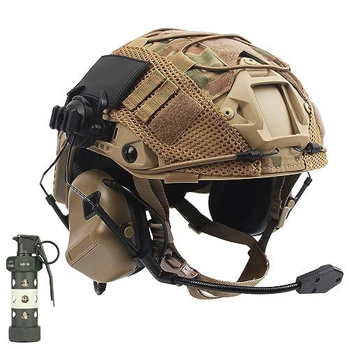 Fast PJ Tactical Helmet Set for Paintball Airsoft Hunting CQB Cs Military Games,with Tactical Headset Helmet Cover Dummy Flashbang Model Light (Tan/M)