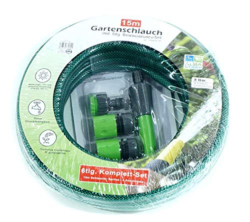 Alma Garden - Juego de 2 mangueras de jardín (15 m, Incluye 5 Piezas de riego, 1/2", 13 mm), Color Verde