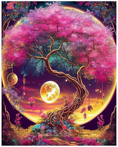 Image of Jasol Diamond Painting Kit, 40x30 Cms, Full Drill, 5D Crystals, Home Wall Decor Gift Set (Moon Tree M45619)