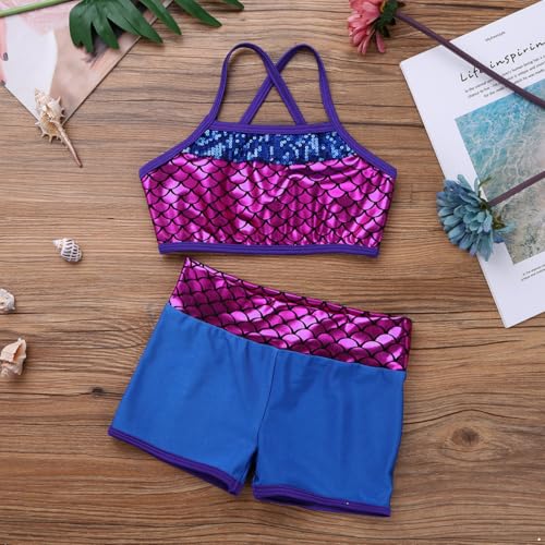 YEAHDOR Big Girls' 2 Pieces Gymnastics Dancing Outfits Crop Bra Top with Shorts Set Athletic Sports Actviewear Blue Mermaid Scales 10-12 Years3