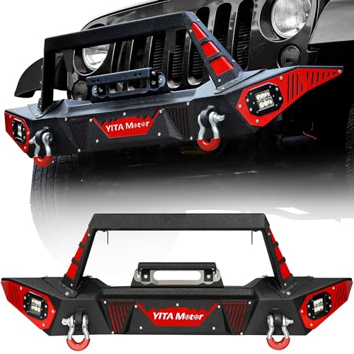 YITAMOTOR Front Bumper Compatible with Jeep 2007-2018 Wrangler JK & JKU Unlimited Rock Crawler Bumpers w/Winch Plate & License Plate Bracket & LED Lights & D-Rings & Paintable Trim