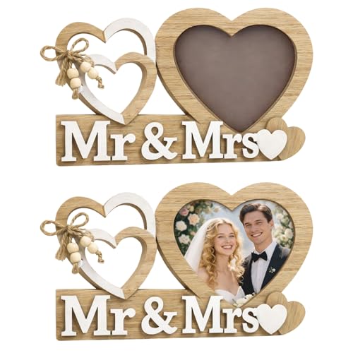 Image of PUQGAOIP Wedding Gifts, 25x15cm Freestanding Wooden Heart Picture Holder, Rustic Style Mr And Mrs Gifts For Bridal Shower, Decorative Wedding Photo Frame For Couple Living Room
