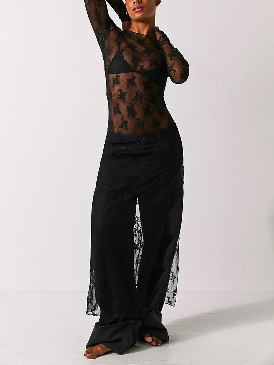 Loalirando Vestido largo mujer vestido transparente mujer vestido elegante de manga larga vestido de encaje mujer vestido de fiesta Bodycon de noche cóctel, Negro , L