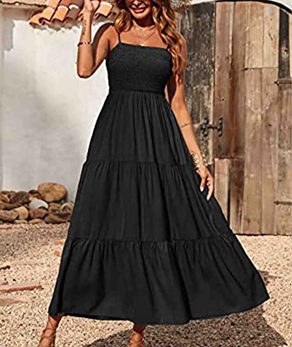 Image of Sexyshine Women's Square Neck Halter Lace Up Criss Cross Maxi Dress Tie Back Sleeveless Smocked Ruched A Line Dress