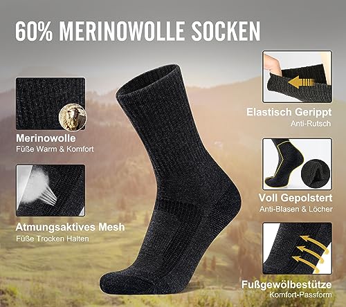 FORVEVO Merino Wandersocken Herren Damen 3 Paar, 60% Wollsocken Herren Gepolstert, Thermo Wintersocken, Sportsocken für Trekking Outdoor – Bild 4