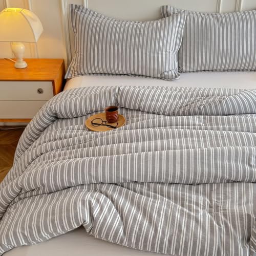 Image of Cyusri Cotton Stripe King Comforter Set - Soft Lightweight Bedding 3 Pieces Dyed Bed Set with 2 Pillow Shams,Reversible All Season Farmhouse Down Alternative(King Size 104 inchx90 inch Grey White)