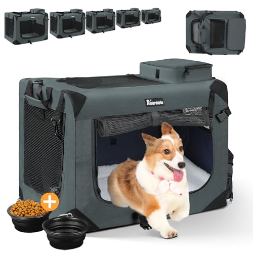 Large Cat Carrier 24″x16″x16″, Soft Dog Crate with 2 Bowls, Collapsible Travel Pet Carrier Bag for Cats Dogs Puppies Kittens (Grey)