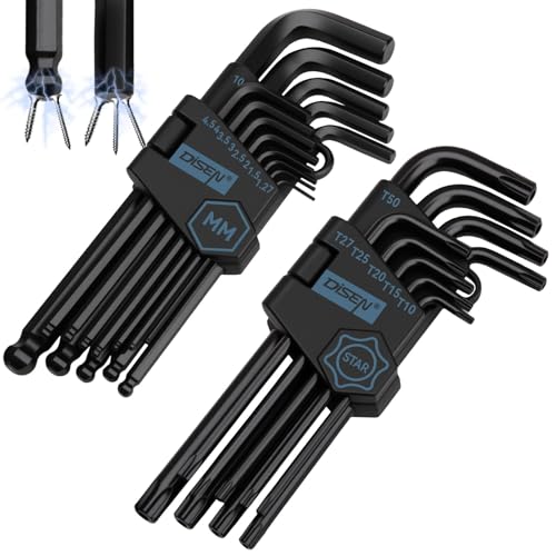 DISEN 22-teilig Innensechskant-Schlüssel-Set,13-tlg mit Kugelkopf, Innensechskant LANG, 1,27 bis 10 mm & 9 Stück TORX Innensechskant Satz T10-T50 Langarm Sternschlüssel Satz Chrom Vanadium Stahl
