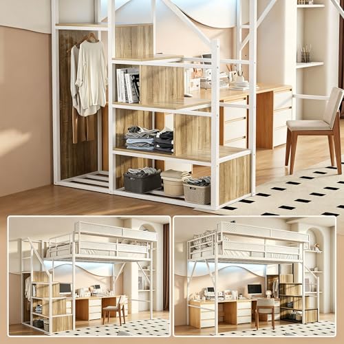 Image of Full Size Metal Loft Bed with Storage Stairs, Wardrobe & Charging Station