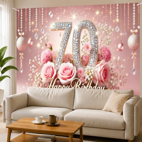 Image of Nuxovilar 70th Birthday Banner - Elegant Pink & Gold Floral Backdrop