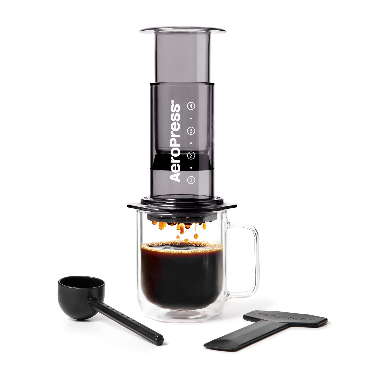 Clear Black Coffee Press - All-in-One French Press, Pour-Over & Espresso Style Manual Brewer, 2 Min Brew for Less Bitterness, More Flavor, Small Portable Coffee Maker, Travel & Camping