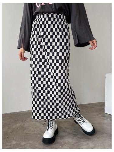 Floerns Women's Elastic Waist Plaid Skirt Checker Slit Hem Straight Long Skirt4