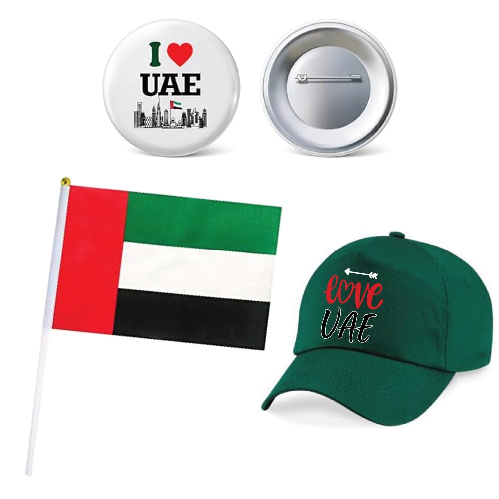 UAE National Day Combo Pack for Kids – Baseball Cap, Button Badge, and Handheld Flag – Perfect for UAE National Day, School Events, and Celebrations - Ideal Gift for School Kids