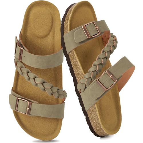 Image of HARENCE Flat Sandals for Women 2026 Comfort Cork Footbed with Adjustable Buckle Summer Slides for Women for Vacation Walking