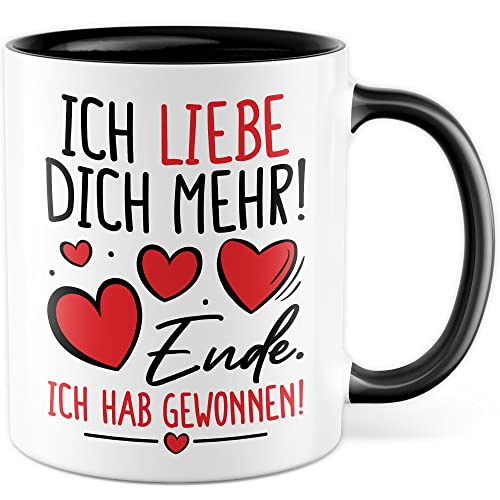 Valentinstag Tasse Geschenk, ICH LIEBE DICH MEHR! - Ende. Ich hab gewonnen! Geschenkidee Freund Freundin Kaffeetasse mit Spruch lustig s&uuml;&szlig; Kaffee-Becher Partner Partnerin Beziehung (Wei&szlig;/Schwarz)