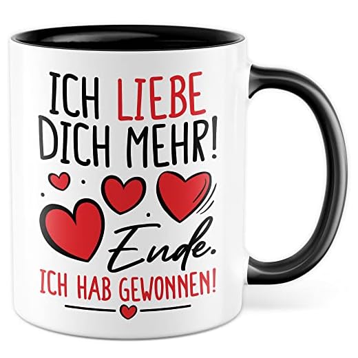 Valentinstag Tasse Geschenk, ICH LIEBE DICH MEHR! - Ende. Ich hab gewonnen! Geschenkidee Freund Freundin Kaffeetasse mit Spruch lustig süß Kaffee-Becher Partner Partnerin Beziehung (Weiß/Schwarz)