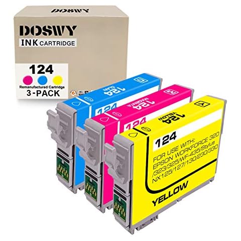 Doswy 3 Packs T124 Remanufactured Ink Cartridge Replacement for Epson 124 use for Epson Stylus NX125 NX127 NX130 NX230 NX330 NX420 NX430 Workforce 320 323 325 435 (1 Cyan 1 Magenta 1 Yellow) Cover