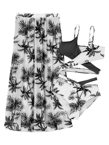 Big Girls 3 Pcs Bathing Suits Beach Boho Swim Wrap Skirts with Floral Bikini Top Brief Swimwear