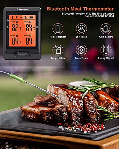 Cloud Bbq Wireless Meat Thermometer Of 500Ft, Bluetooth Meat Thermometer For Smoker Oven, Grill Thermometer With Four Probes, Smart Rechargeable Bbq Thermometer For Cooking Turkey Fish Beef #TOP2