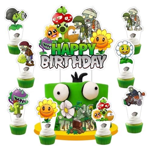 25Pcs Plants and Zombies Cake Decorations with 24pcs Cupcake Toppers 1pcs Cake Topper for Kids Birthday Party Supplies