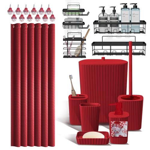 Clara Clark Bathroom Set - Christmas Bathroom Accessories Set, 24PC Bathroom Accessory Set, Christmas Bathroom Sets with Adhesive Corner Shower Caddy Hanging, Toilet Brush, Trash Can & Soap Dispenser